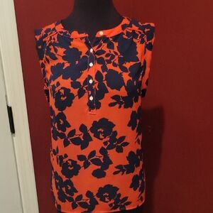 Loft Floral Sleeveless Top - Orange and Blue  5 Buttom Down neck   Sz Sm